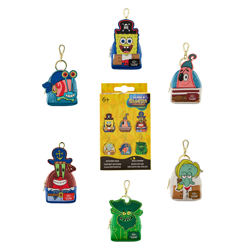 Image of the six SpongeBob SquarePants Mystery Mini Backpack Keychain Charms against a white background, surrounding the individual box they come packaged in. 